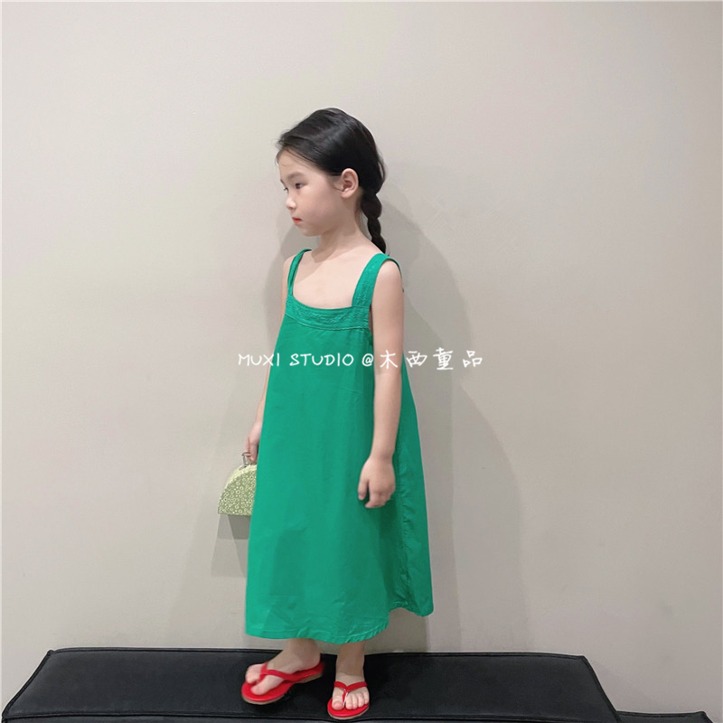 木西童品2024夏韩国版女童森系绿色蕾丝花边吊带长裙背心连衣裙