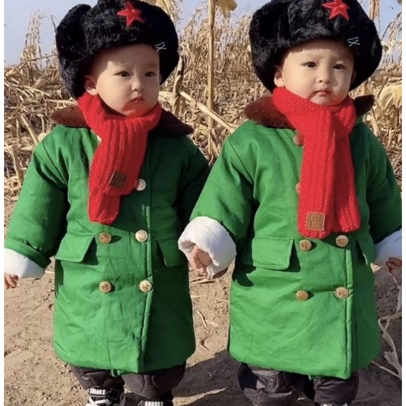 男童女童绿色军大衣外套加厚加儿童保暖衣棉服宝宝冬中长款棉棉袄