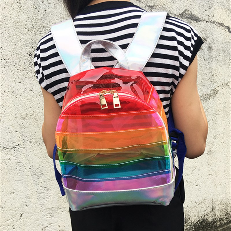 新品彩虹条纹镭射双肩包PVC透明撞色休闲大容量儿童书包 独角兽女