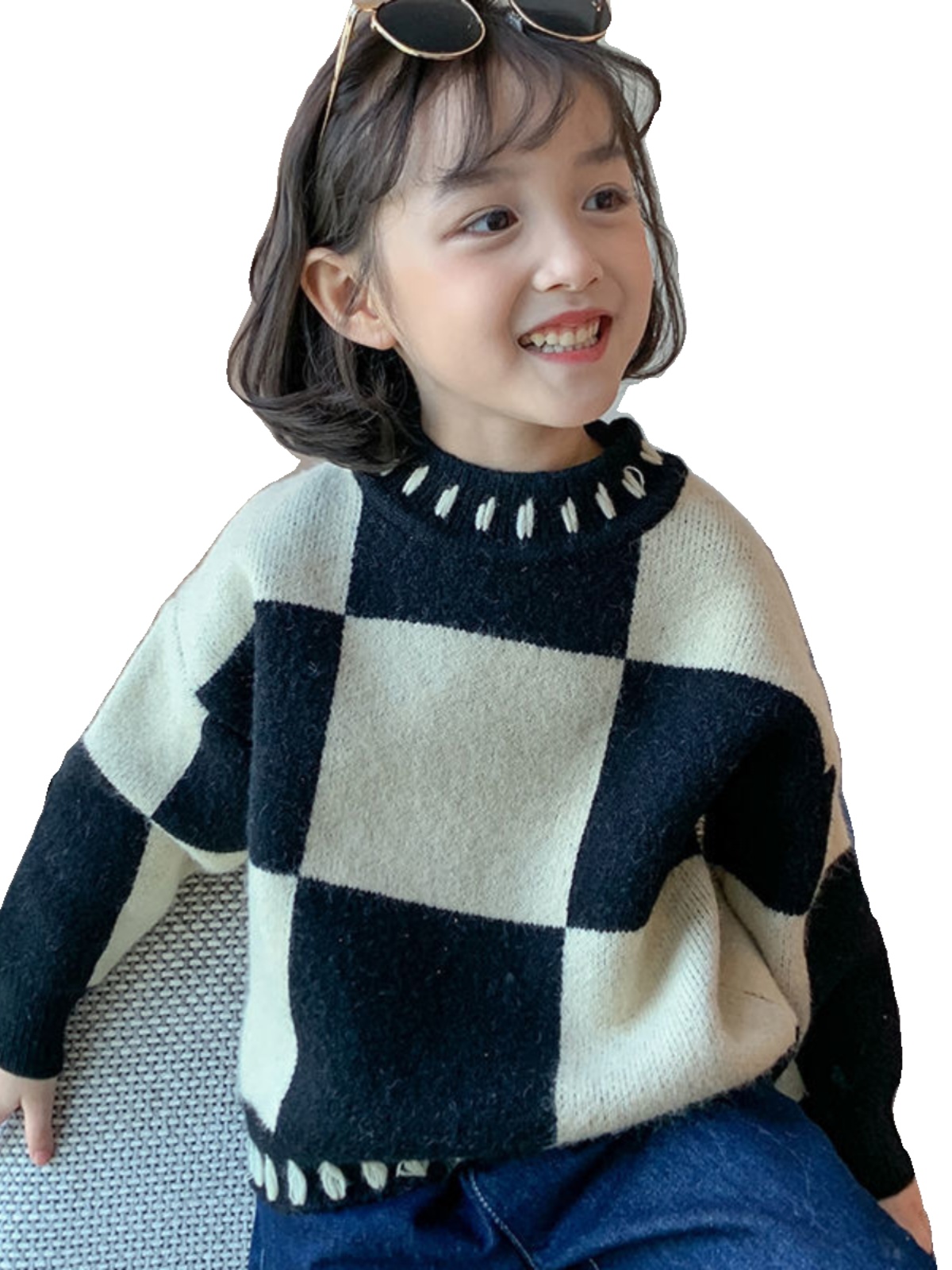女童毛衣秋冬款2024新款格子加绒加厚儿童韩版洋气保暖针织衫冬季