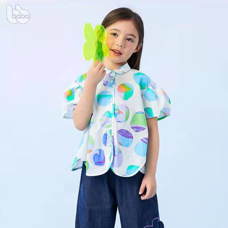 巴拉夏季女童时尚波点彩色印花衬衫儿童夏季衬衫女孩宝宝可爱上衣