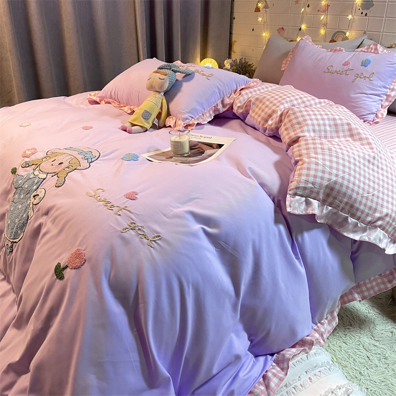 推荐公主风紫色床裙花边刺绣水洗棉床上四件套少女儿童小女孩床单