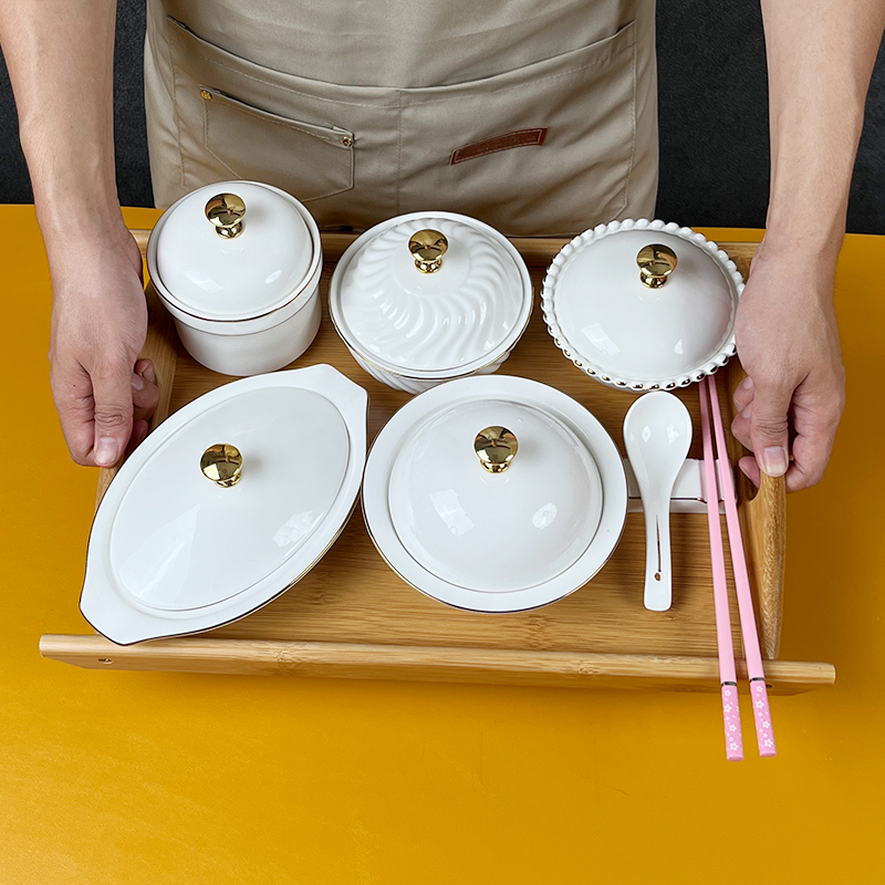 logo定制金边月子陶瓷餐具套装碗盘带盖月子会所餐具一人份炖汤盅