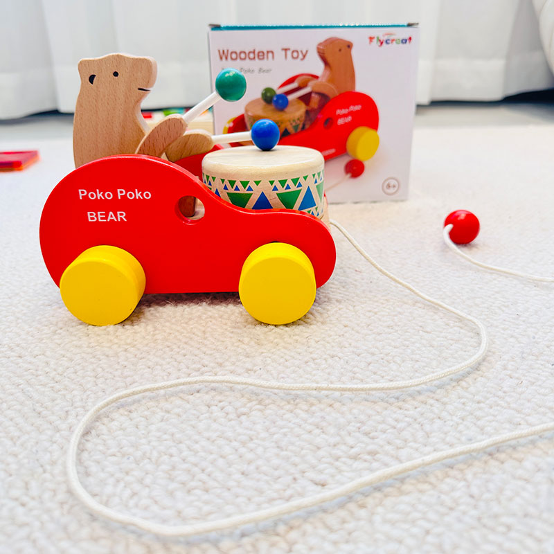 儿童小熊敲鼓学步拖拉玩具宝宝拉线牵引手推车拉拉车1-2岁榉木制