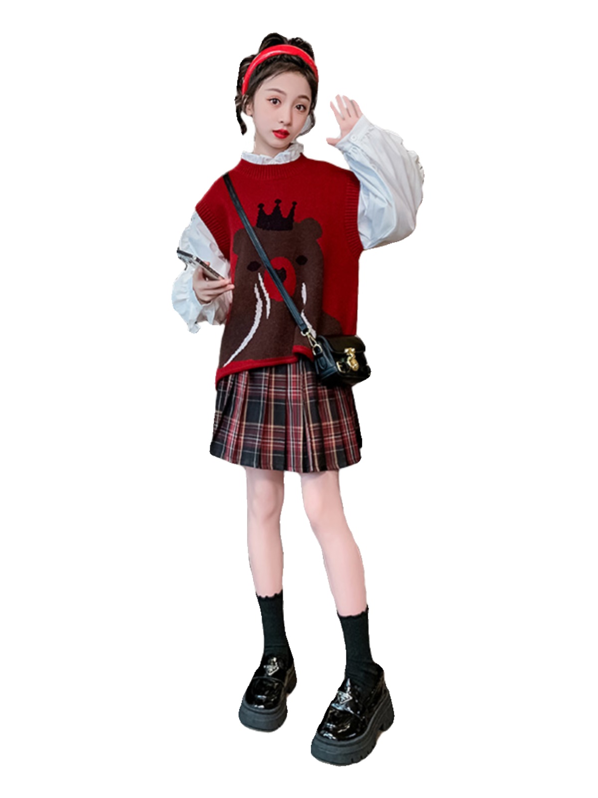 女童新款洋气2024春装女孩娃娃头泡泡袖衬衫针织马甲儿童两件套装
