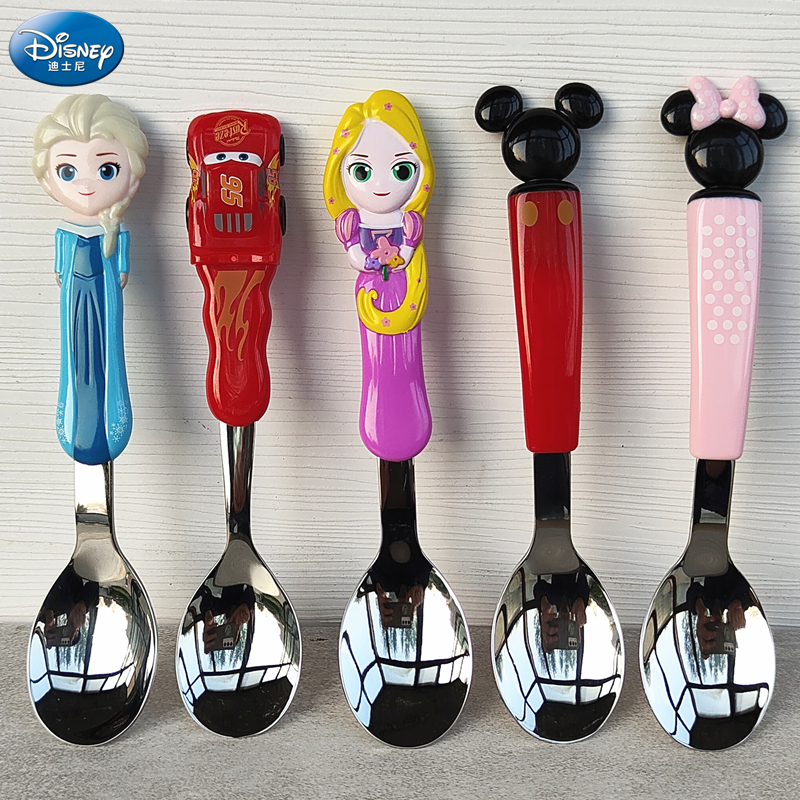 迪士尼儿童勺子叉子米奇不锈钢3D可爱卡通防烫宝宝吃饭餐具盒套装