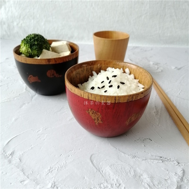 日式实木碗米饭碗红黑家用汤面碗酸枣木情侣碗儿童宝宝碗木质餐具