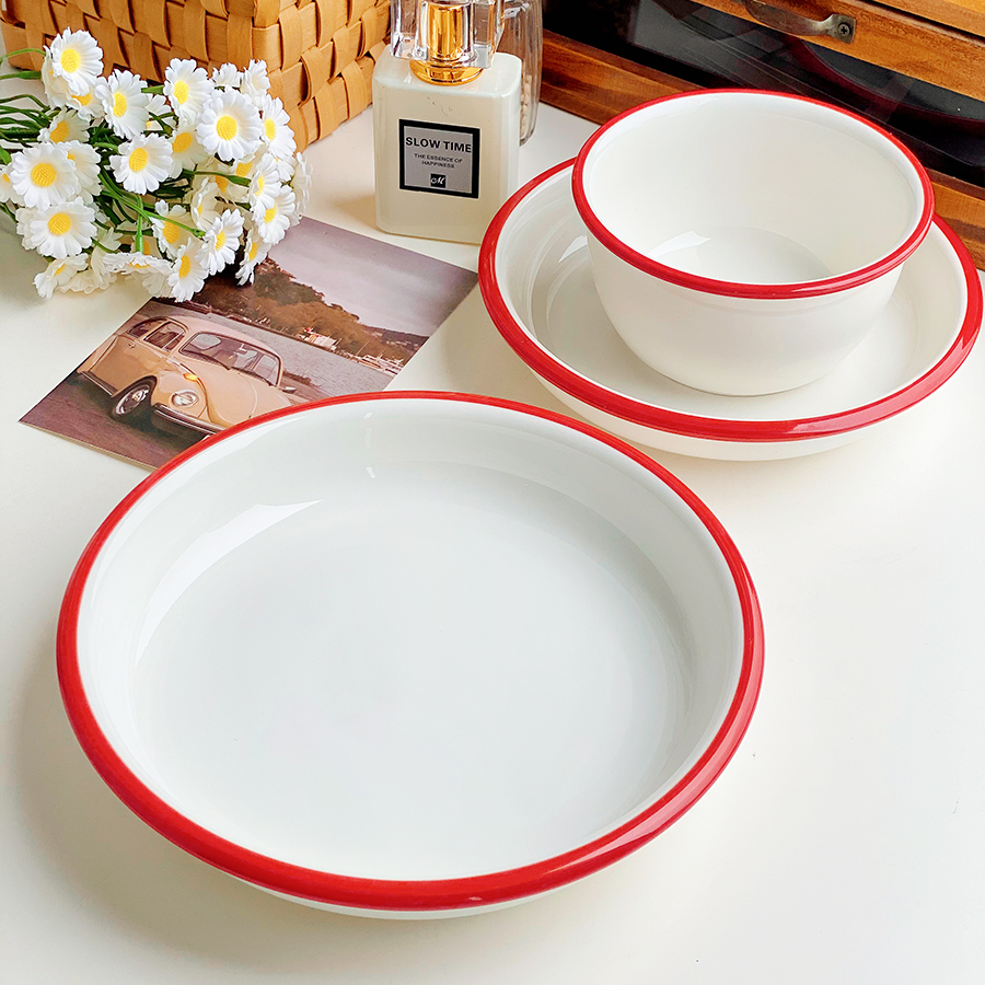 外贸原单正品尾货红色陶瓷碗菜盘家用水果盘深圆盘米饭碗吃饭的碗