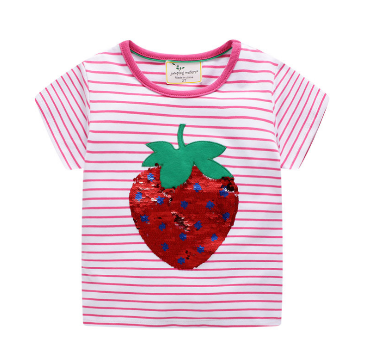 卡通儿童草莓t恤夏季童装小女孩亮片上衣婴儿纯棉半袖女童短袖t恤