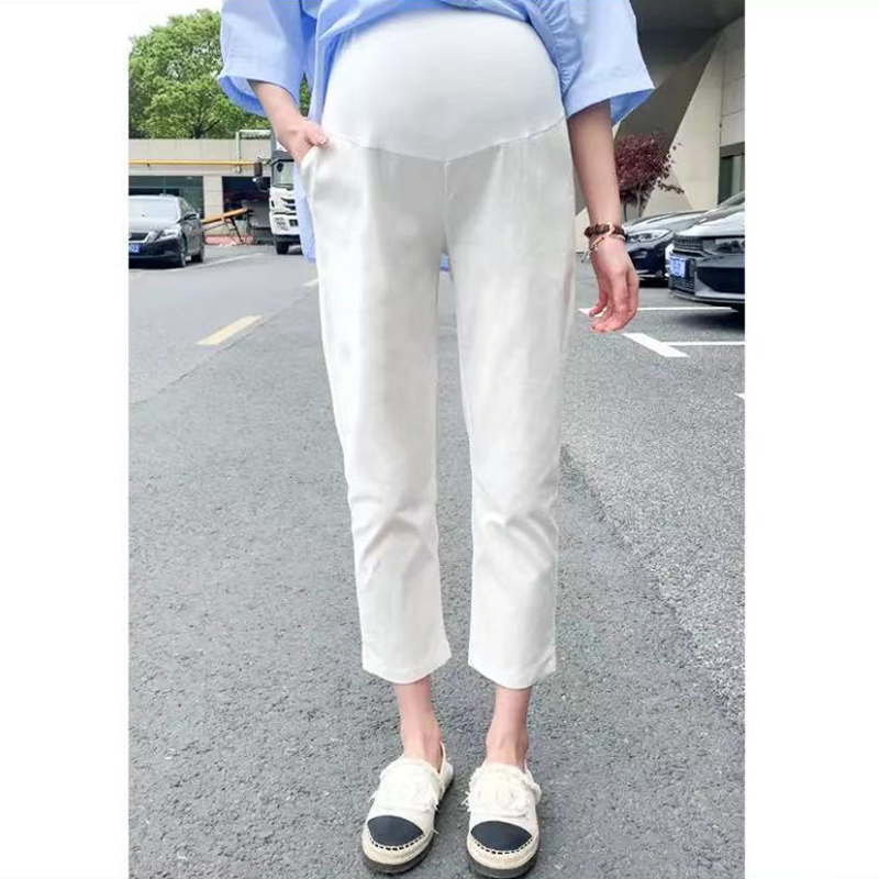 孕妇裤棉麻夏季外穿女时尚裤子九分裤小个子白色直筒裤托腹打底裤