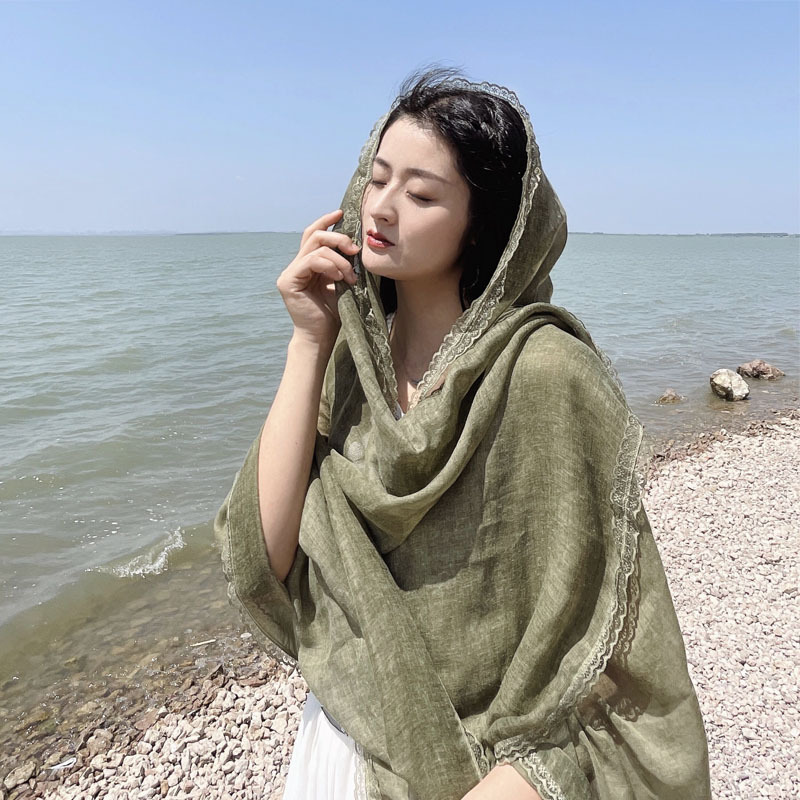精致小众纯色女士披肩敦煌草原遮阳防晒棉麻沙漠头巾夏季拍照长巾