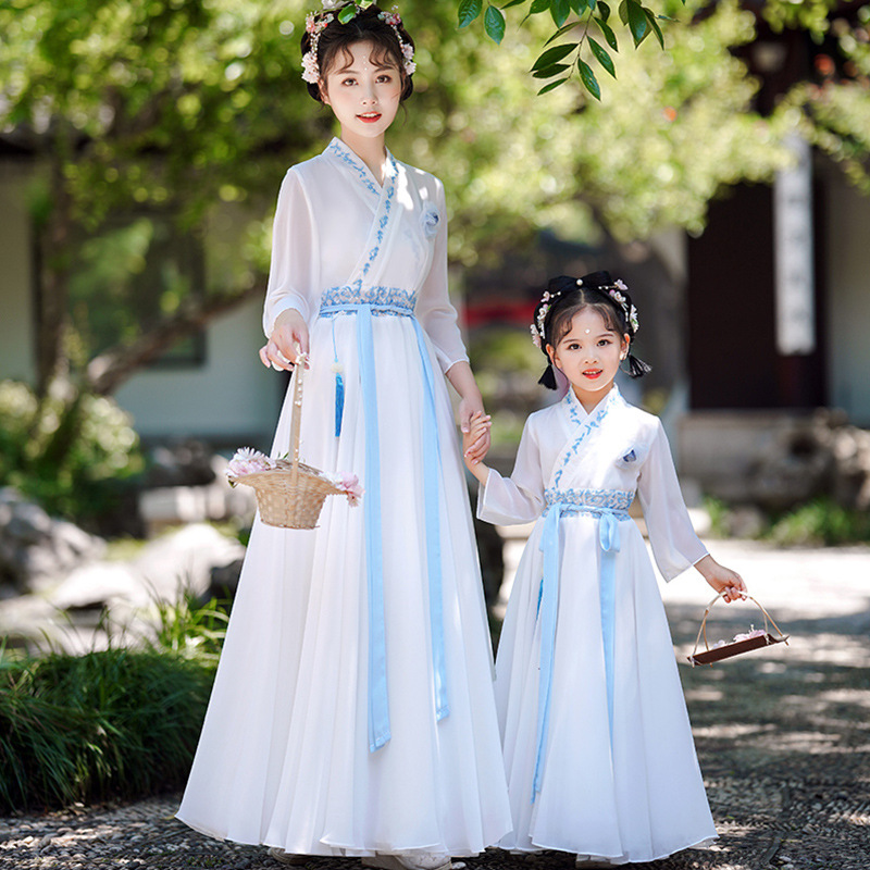 夏季亲子装母女儿童国学桔梗汉服成人中国风齐腰唐装襦裙奶甜公主