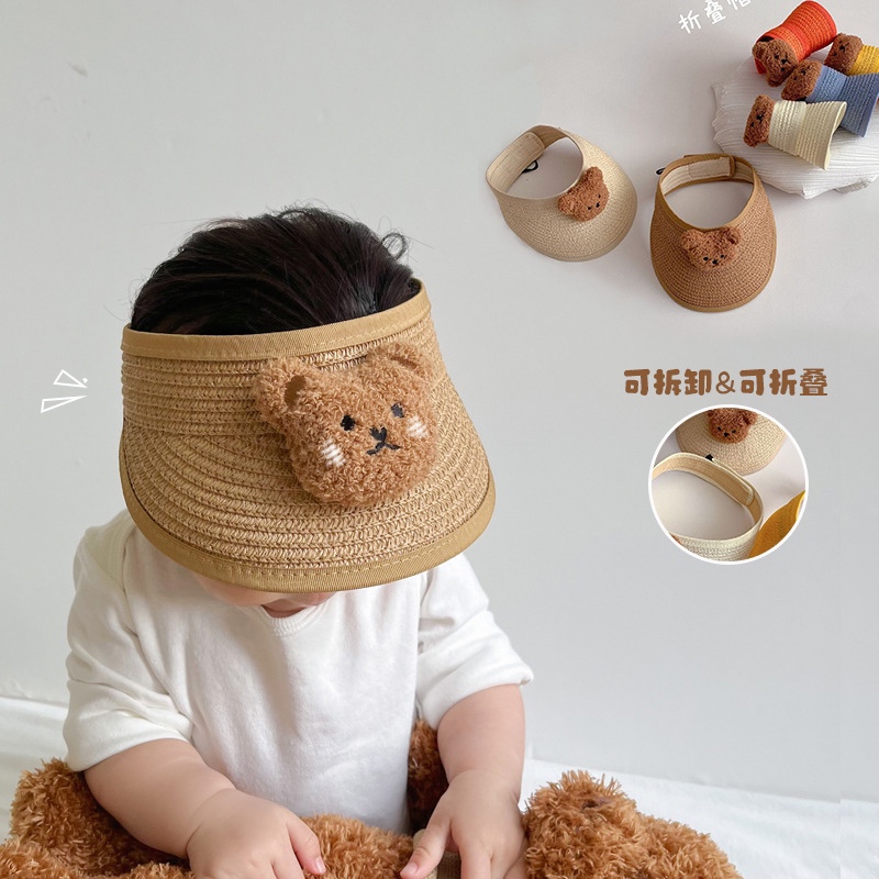 韩版ins宝宝夏季可爱小熊空顶帽子可折叠婴儿男女童防晒外出草帽