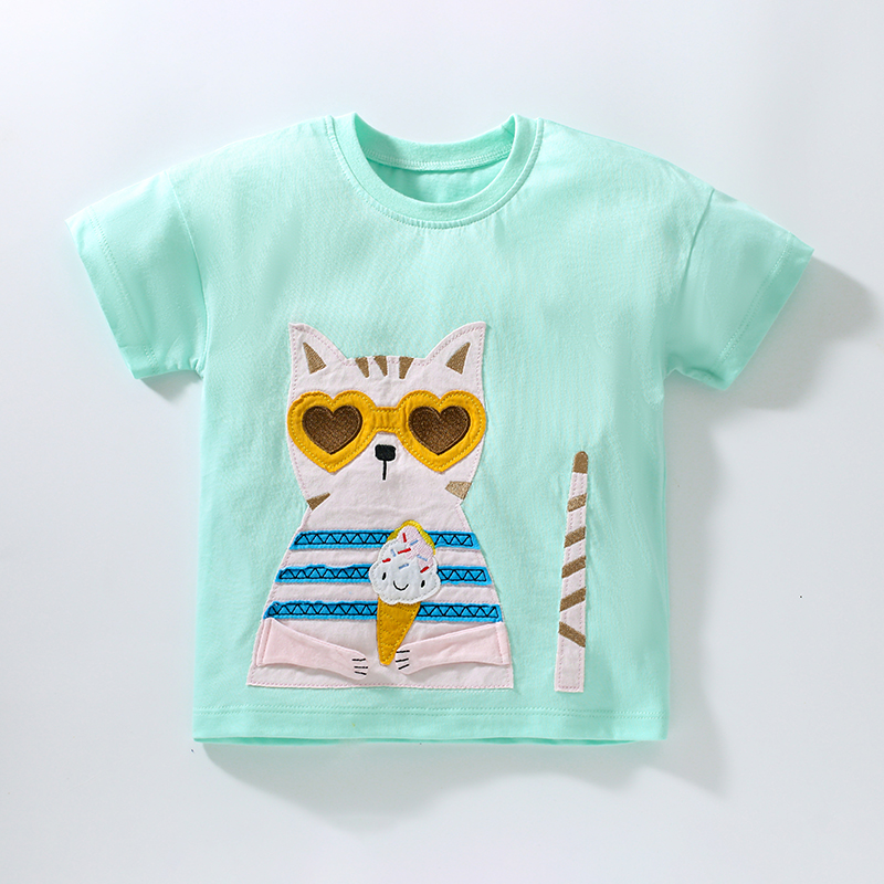 卡通猫咪女童纯棉短袖T恤宝宝绿色上衣儿童打底半袖婴儿夏装汗衫8