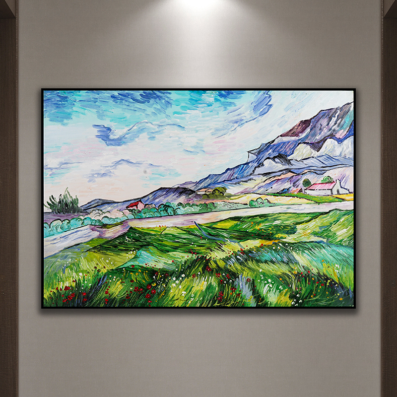 纯手绘临摹梵高绿色的麦田世界名画风景油画立体有框大芬村艺术画