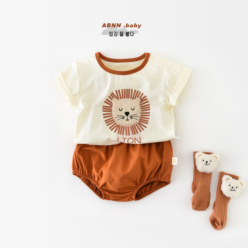 婴儿夏季套装男女宝宝卡通狮子短袖上衣儿童洋气短裤包屁衣两件套