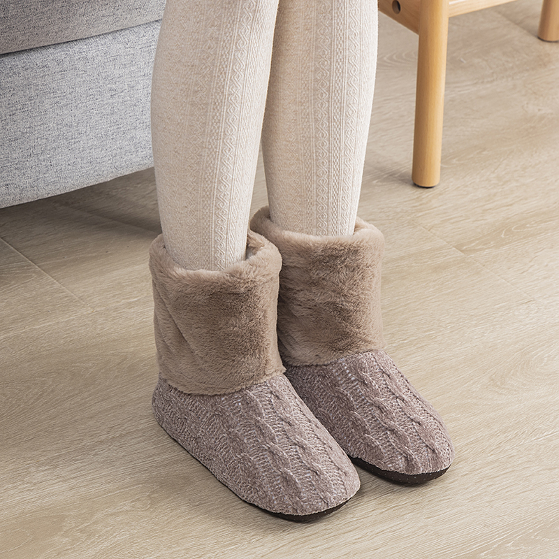 高帮地板鞋冬季加绒毛保暖家居室内女月子产后软底静音防滑棉拖鞋