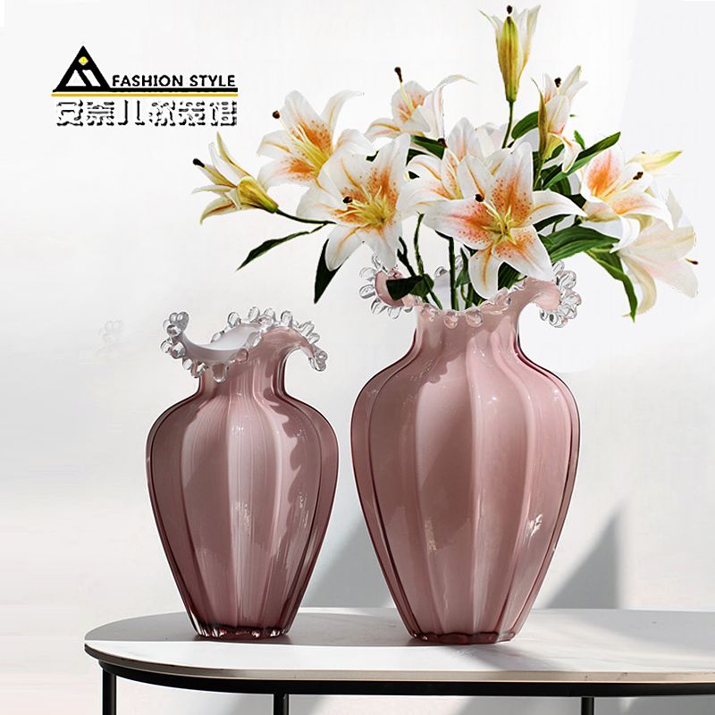 瓷粉色玻璃花瓶浪花口水培花器现代简约家居客厅餐桌软装饰品摆件