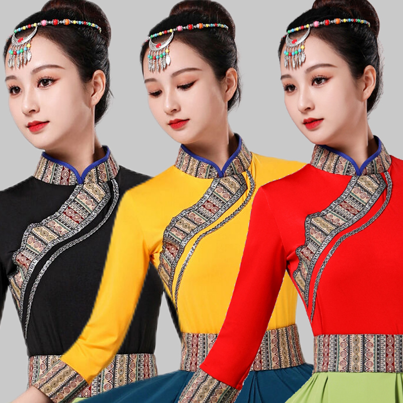 少数民族风藏族舞蹈服装女舞台演出锅庄卓玛半身牛奶丝上衣短袖