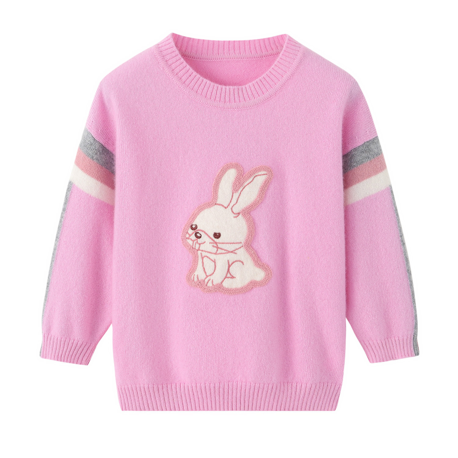 鄂尔多斯市产纯山羊绒女童羊绒衫图案宝宝粉色圆领可爱外套卡通