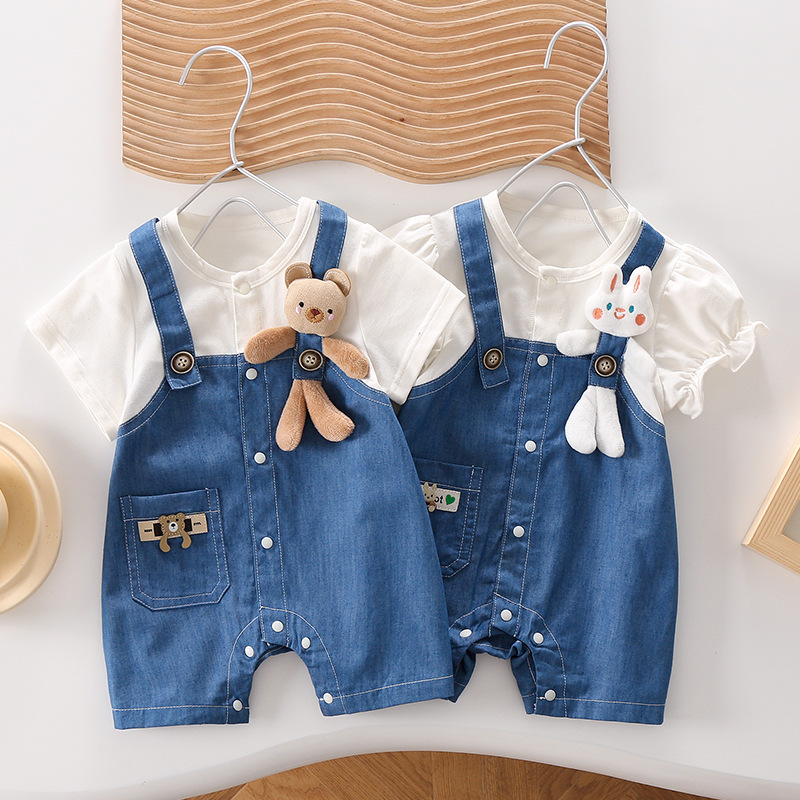 牛仔连体衣婴儿专柜兄妹装背带假两件超萌四个月宝宝衣服夏季薄款