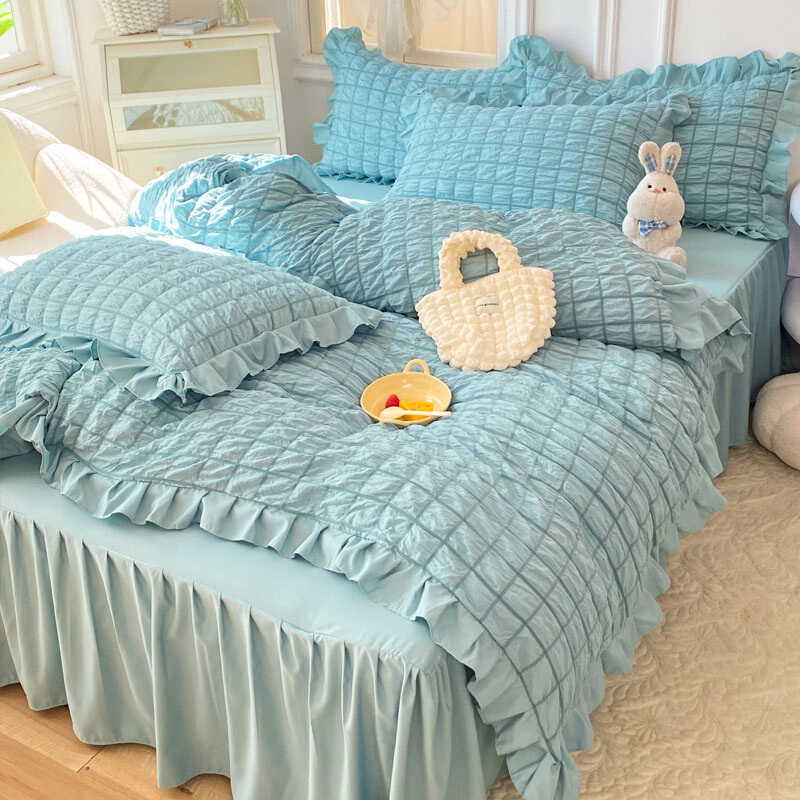泡泡纱床裙四件套韩版公主风床单被套枕套家用儿童床上用品亲肤4