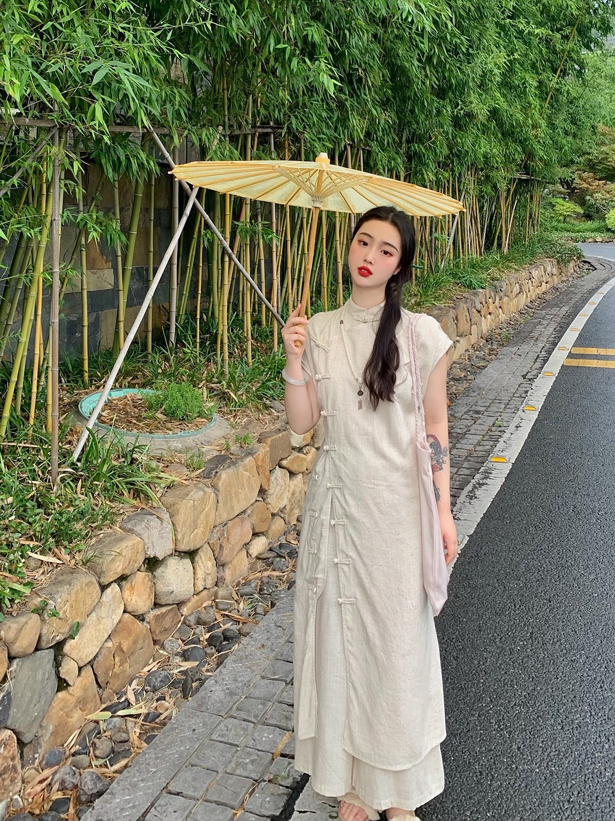 麓津自制《清凉境》亚麻系列新中式旗袍吊带连衣裙子复古纯色夏季