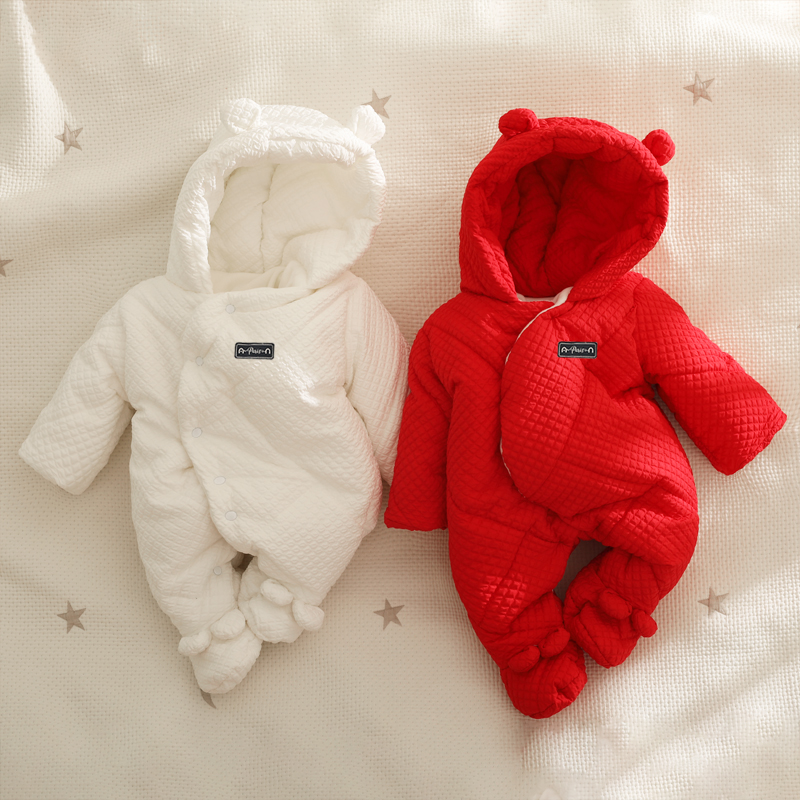 日本进口新生婴儿连体衣冬装拜年服外出抱衣男女宝宝加厚包脚棉衣