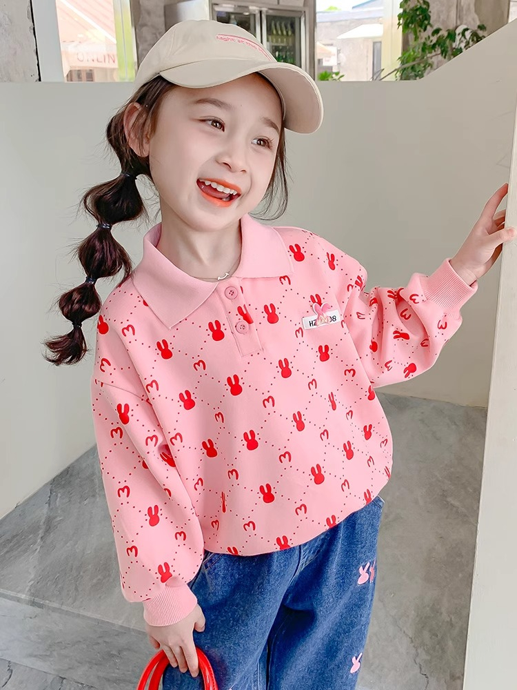女童韩版卫衣2024春季新款洋气上衣Polo领长袖小女孩粉色打底衫潮