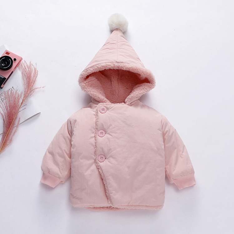 冬季新款女宝宝棉衣外套加绒厚纯粉色男童棉袄连帽幼婴儿羽绒棉服