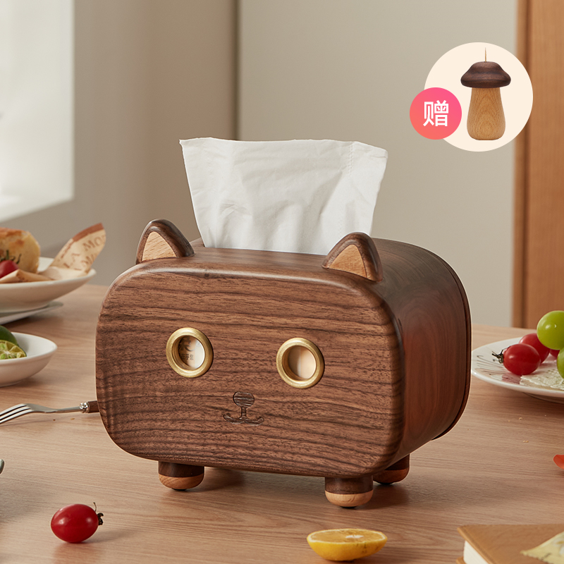 胡桃木抽纸盒客厅茶几小猫纸巾盒创意可爱餐桌纸巾收纳盒装饰摆件