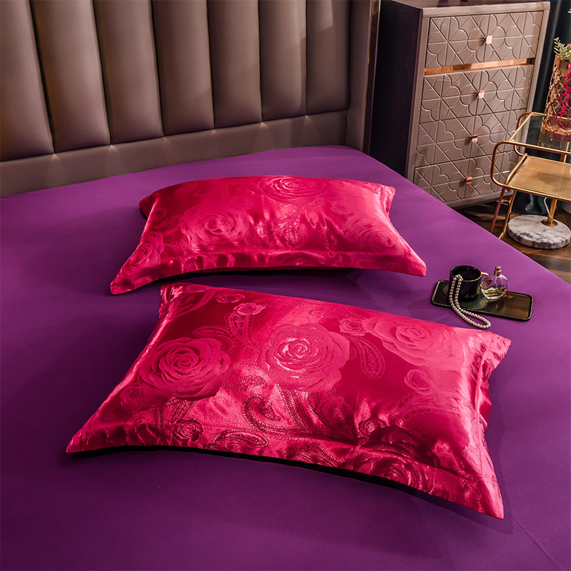 丝绸提花枕头套贡缎欧式结婚庆金色大红玫红紫粉色枕套一对48x74