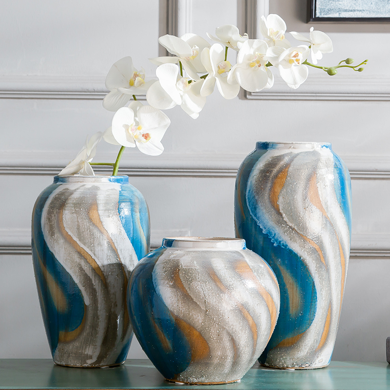 土化羽陶瓷花瓶 现代简约装天水蓝花瓶花店插花仿真假花摆件饰品