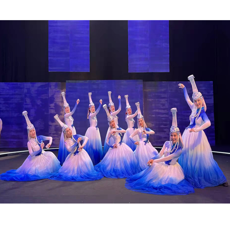 灯火里的中国万疆蓝白色蓬蓬舞蹈大气开场蒙古舞蹈歌伴舞服装租赁