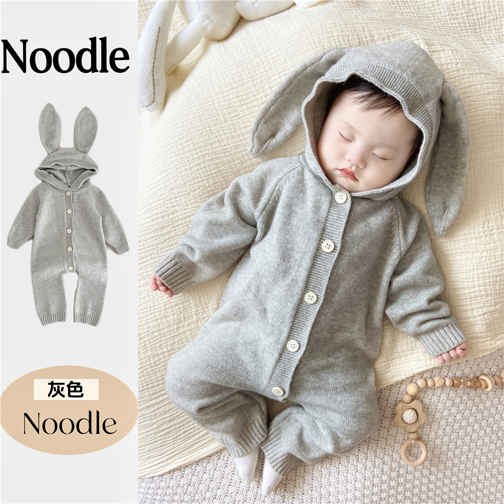韩版秋季新款婴儿连体衣男女宝宝洋气可爱小熊耳朵兔耳朵连帽爬服