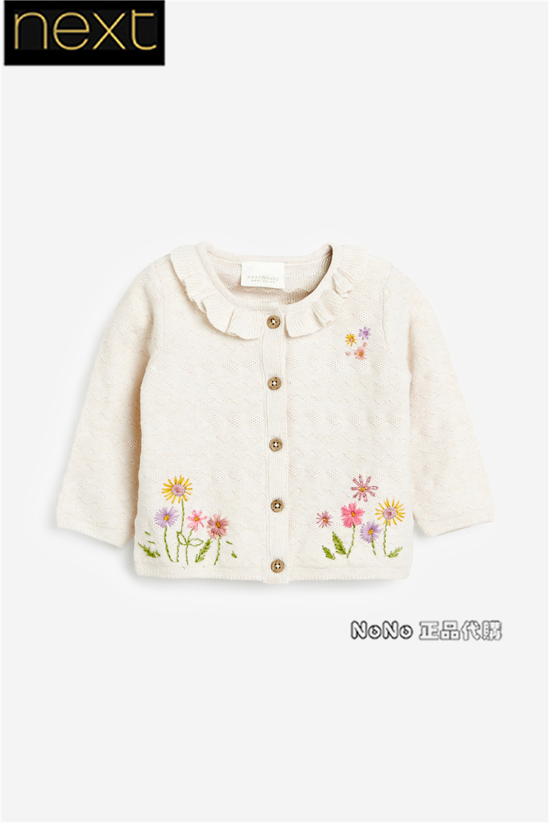 Next英国正品女童婴儿米白色刺绣针织开衫花卉纯棉毛衣396-215