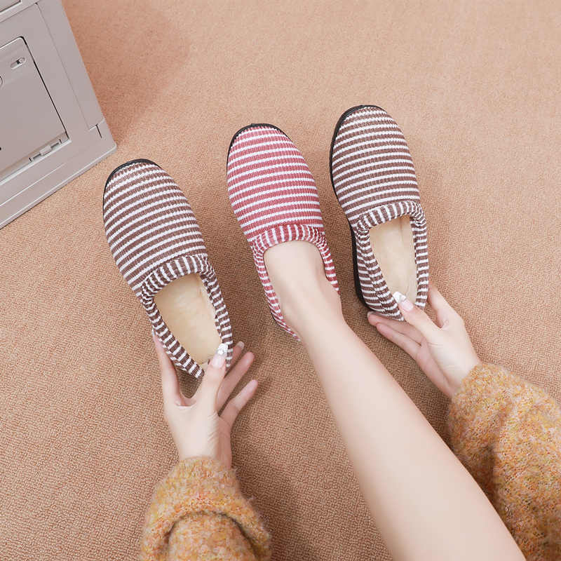 冬季棉拖鞋舒适软底女棉鞋包跟可爱条纹室内棉拖鞋加绒保暖月子鞋