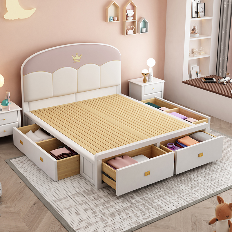 速发美式儿童床男孩女孩单双人床1.5米全实木床青少年卧室粉色公
