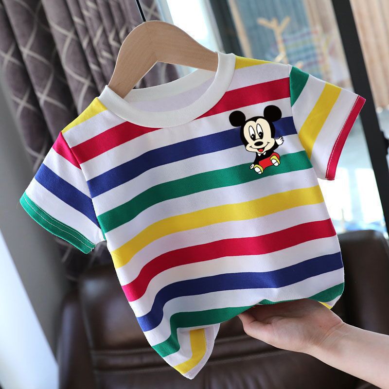 韩系婴儿半袖上衣a类纯棉儿童t恤男夏季中小童宝宝夏季女童彩虹条