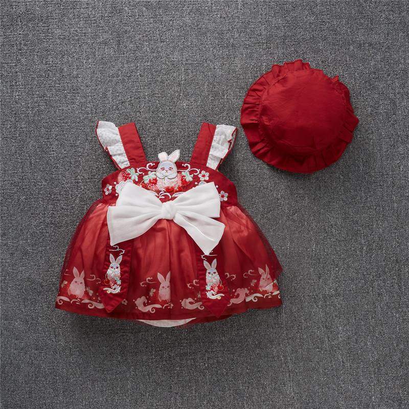女宝宝汉服夏季婴儿唐装中式周岁礼服裙子古装红色百日宴连衣裙