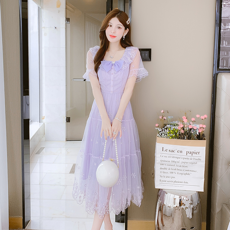 网纱刺绣紫色哺乳连衣裙夏季2023产后哺衣外出满月宴会礼服长裙