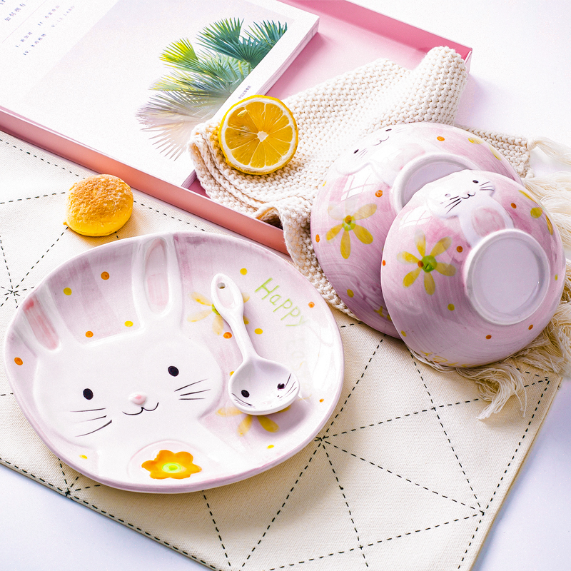 创意宝宝碗手绘儿童碗可爱兔子碗家用吃饭碗陶瓷餐具套装耐高温