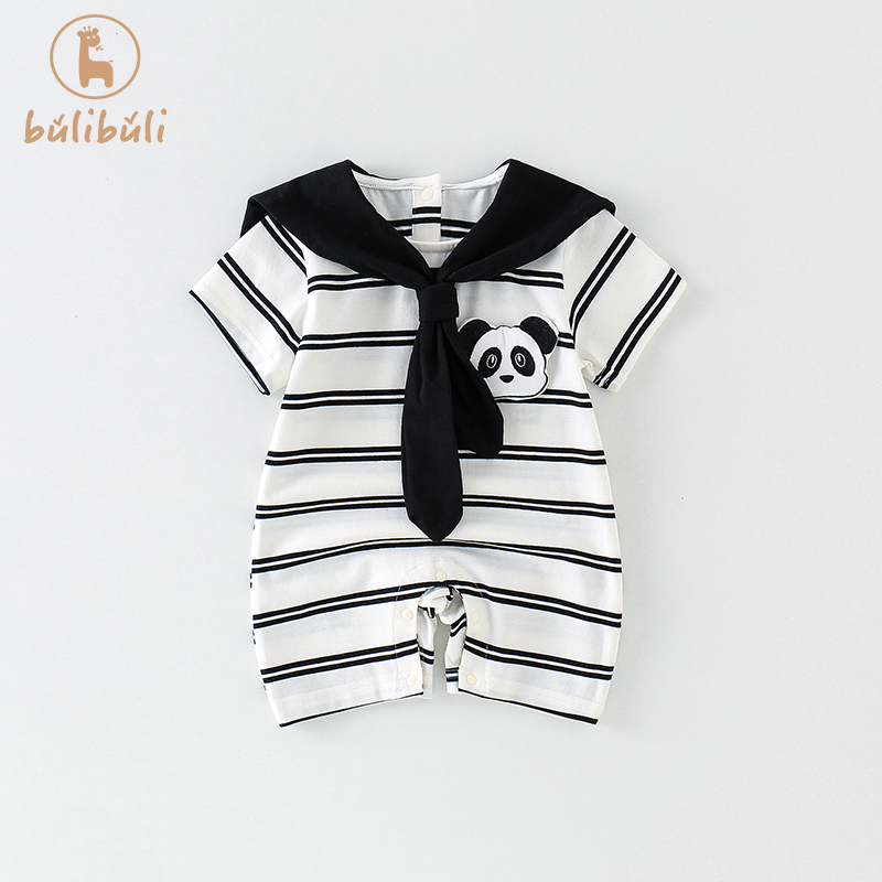 新生婴儿衣服夏季装宝宝海军风可爱小熊猫短袖连体衣薄款纯棉哈衣