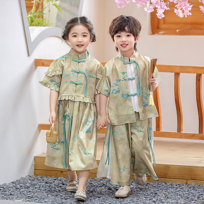 汉服男童夏季中国风女童唐装古风套装儿童夏装日常高端国学演出服