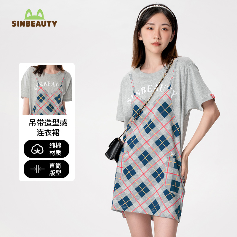 「吊带裙造型」SINBEAUTY短袖连衣裙假两件印花纯棉格纹t恤裙夏季