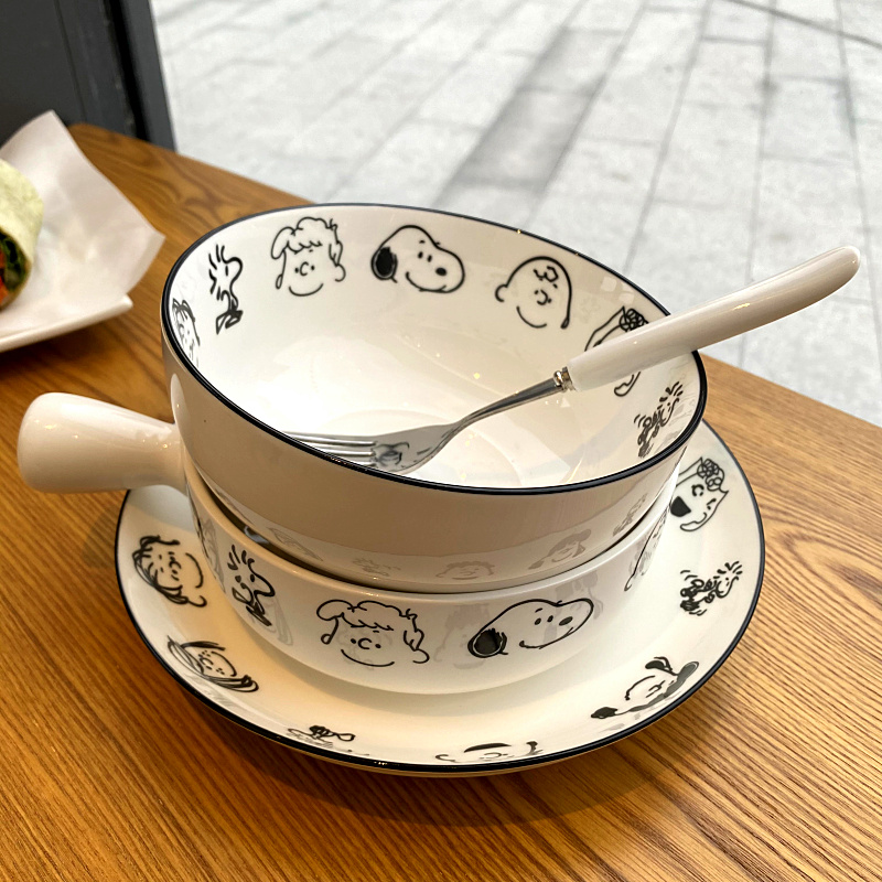 韩式小狗陶瓷碗泡面碗沙拉盘少女心学生早餐碗家用儿童餐具套装