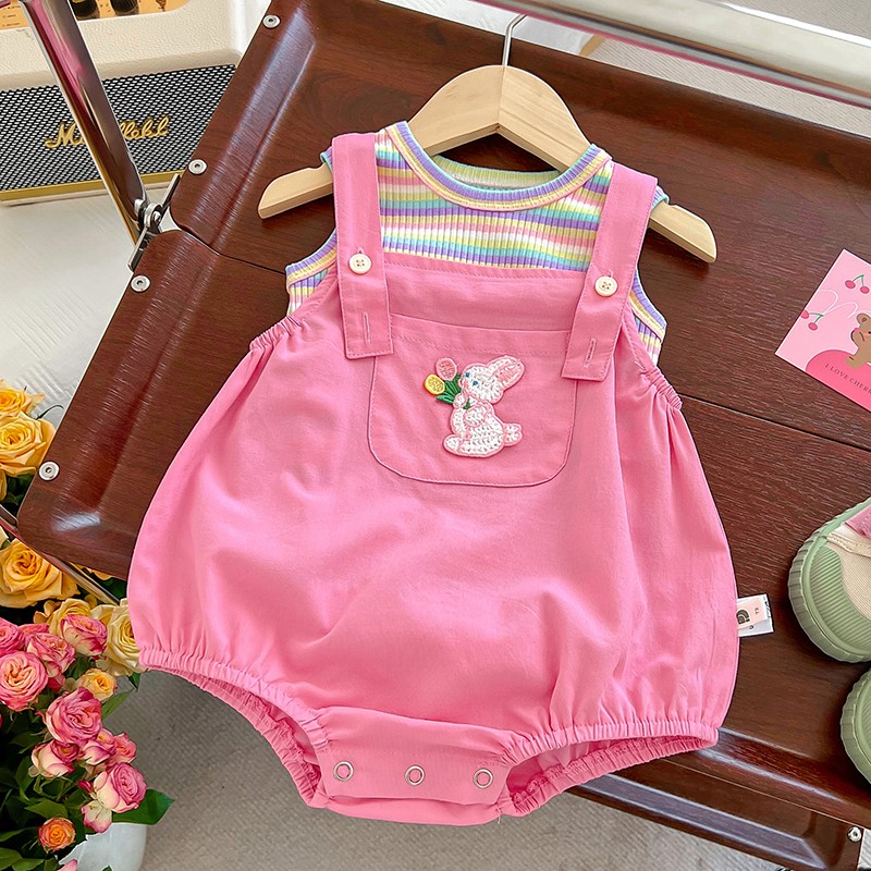 韩版婴儿夏装可爱包屁连体衣服套装女宝宝哈衣超萌背带薄款两件套