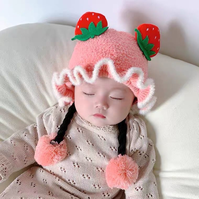 婴儿帽子冬季宝宝加厚保暖帽假发帽冬季护耳毛线套头帽童装