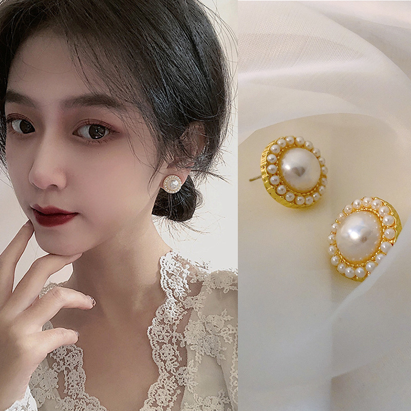 唯恋新款韩国网红个性百搭珍珠耳钉复古金属高级感气质银针耳环女