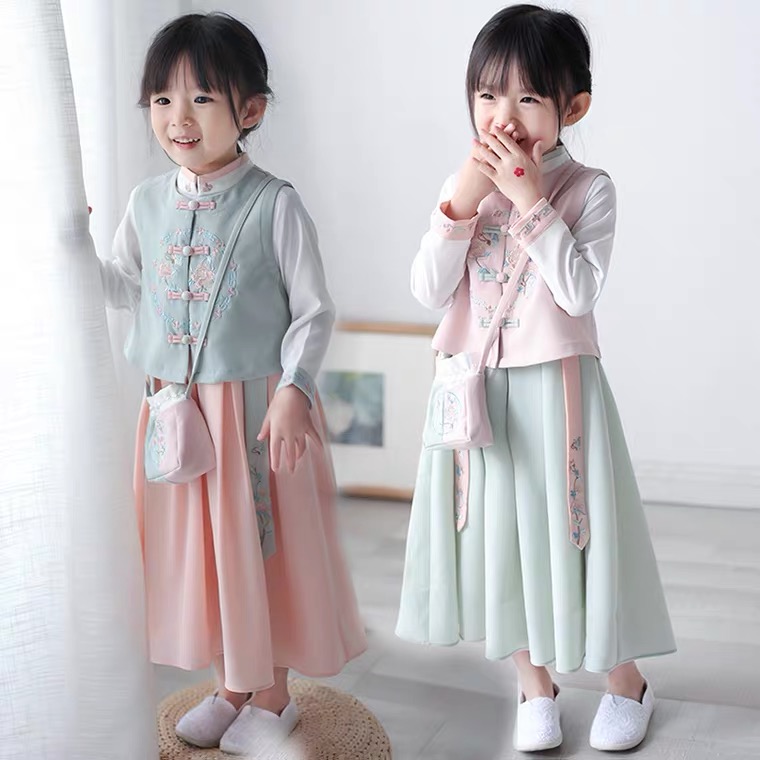 女童汉服套装春秋款宝宝唐装中国风儿童超仙古装两件套连衣裙演出